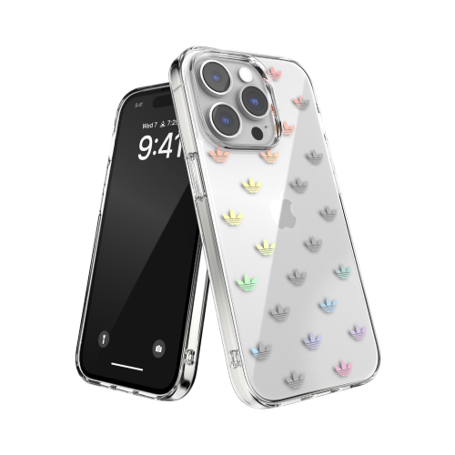 ADIDAS CLEAR APPLE iPHONE 14 PRO COVER IN TPU CON STAMPA DALL'INCONFONDIBILE LOOK ANNI '70 TRASPARENTE